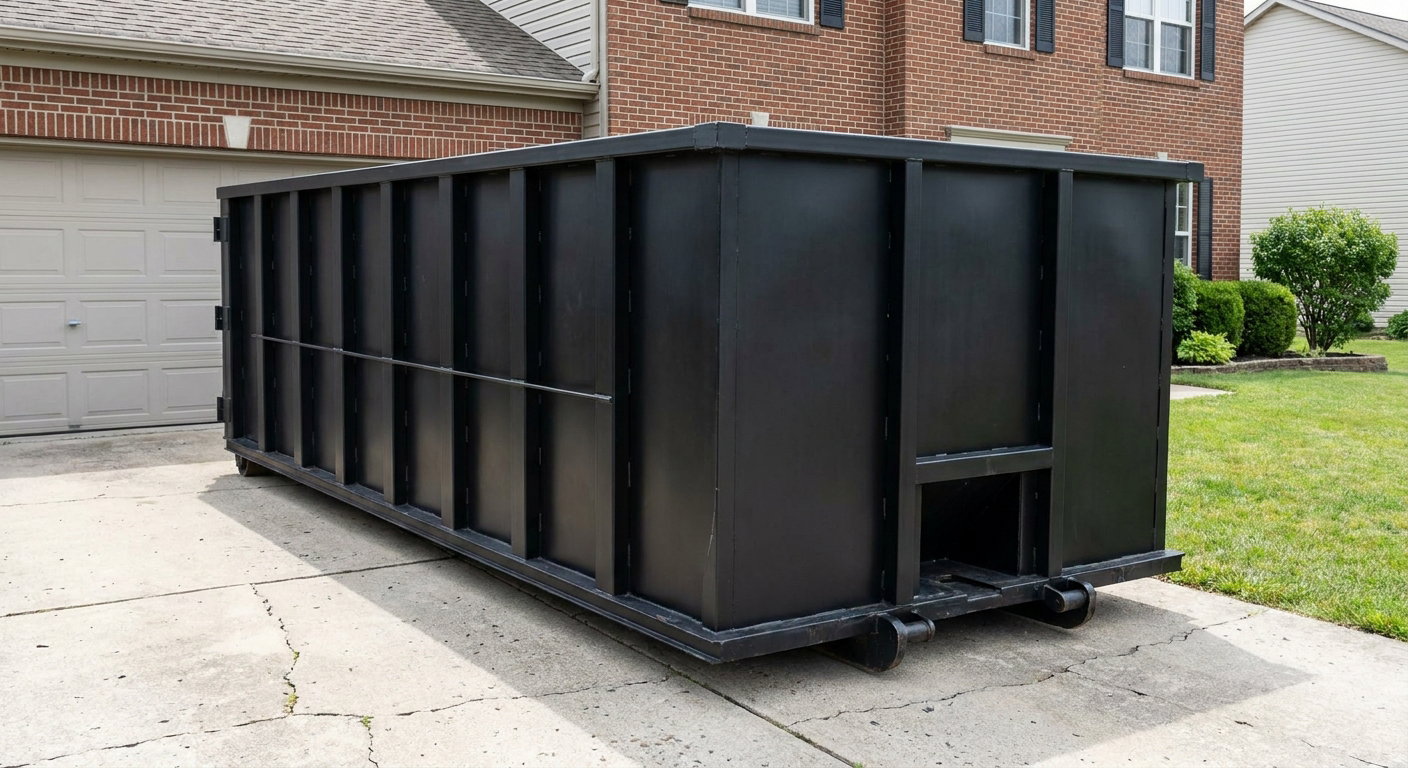 Matte-black 20-yard roll-off container on a Tulsa residential concrete driveway with reinforced ribbed steel sidewalls and a hinged rear walk-in door, clean bright daylight.