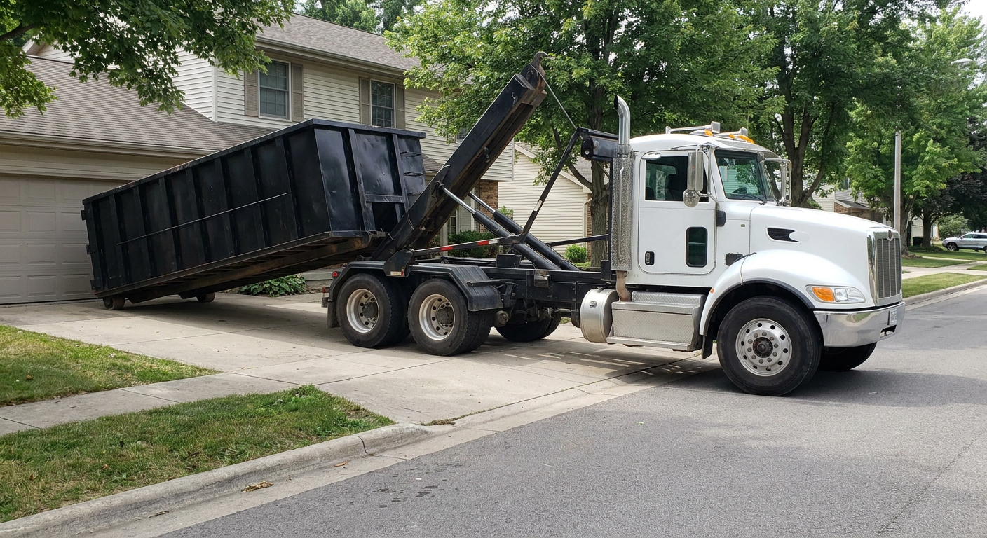 White-cab hooklift roll-off truck actively lowering a matte-black dumpster onto a Tulsa residential concrete driveway, the dumpster's rear wheels touching the driveway as the hoist arm tilts the bed forward, mid-morning daylight.