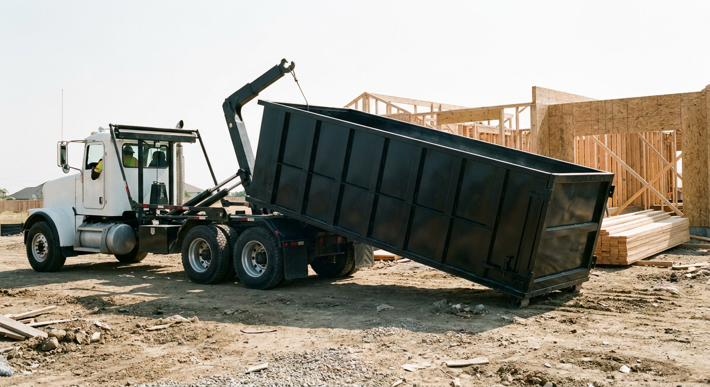 Matte-black roll-off dumpster being delivered onto a clean residential concrete driveway in Tulsa by an unmarked white hooklift hauler truck, bright morning daylight, documentary 35mm perspective.